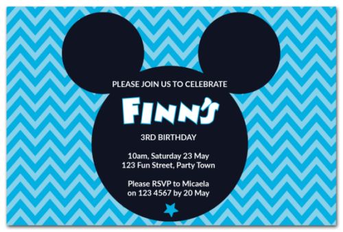 Blue Mickey Mouse Inspired Party Invitation-party, invitation, girl, celebrate, celebration, invite, mickey mouse, mouse, minnie mouse, mickey, minnie