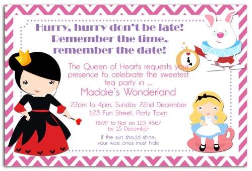 Wonderland Party Invitation-party, invitation, girl, pink, celebrate, celebration, invite, alice in wonderland, wonderland, alice, fairytale, story, mad hatter, teaparty, tea party, tea, queen, queen of hearts