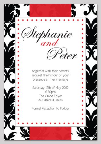 Black and Red Damask Themed Wedding Invitation-wedding, wedding invitation, invite, contemporary, modern, new zealand, personal, stylish, quality, inviting designs, invites by design, design, damask, monogram