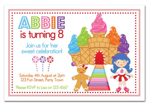 Candyland Party Invitation-party, invitation, girl, celebrate, celebration, invite, pink, candy, candyland, lolly, lollies, sweet, gingerbread