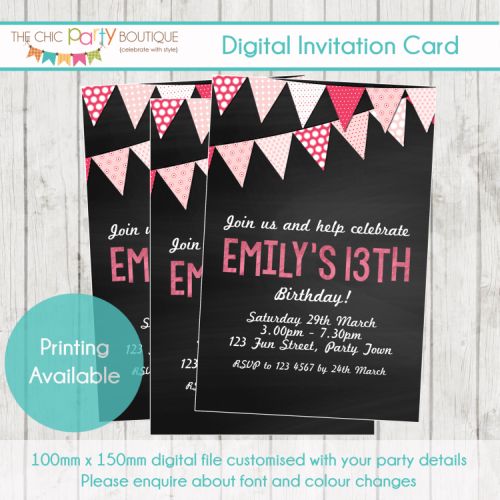 Teen Chalkboard & Bunting Party Invitation - Digital Printable File-party, invitation, digital, print yourself, diy, teen, tween, pre teen, bunting, chalkboard, flag
