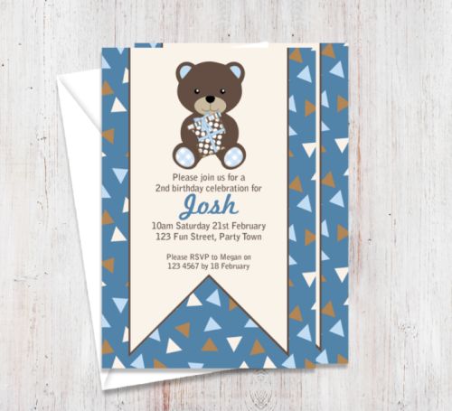 Chocolate Blue Bear Party Invitation-party, invitation, boy, celebrate, celebration, invite, birthday, bear, blue, chocolate, brown, baby, 1st birthday, 1st, first