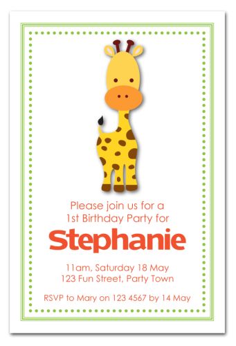 Giraffe Party Invitation-party, invitation, boy, girl, baby, celebrate, celebration, invite, giraffe, lion, hippo, monkey, elephant, zebra, jungle, animal, zoo