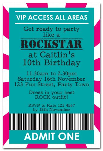 Girl's VIP Ticket Party Invitation-party, invitation, girl, pink, celebrate, celebration, invite, rocker, rock, star, celebrity, vip, ticket, star