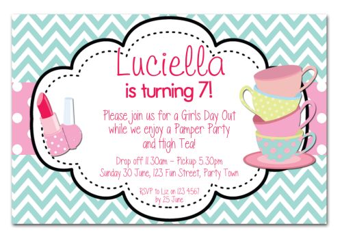 Pamper & High Tea Themed Party Invitation-party, invitation, girl, celebrate, celebration, invite, slumber, sleepover, pamper, hightea, high tea, spa, makeover, sleep over, make over