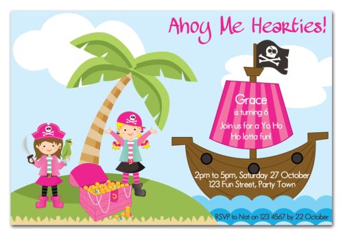 Invitation Pink PIRATE Party for girls PERSONALIZED Birthday party Invitation Printable invitation Pink pirate Party Digital invitation.