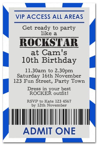 Boy's VIP Ticket Party Invitation-party, invitation, blue, boy, celebrate, celebration, invite, rocker, rock, star, celebrity, vip, ticket, star
