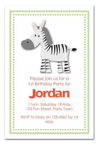 Zebra Party Invitation-party, invitation, boy, girl, baby, celebrate, celebration, invite, giraffe, lion, hippo, monkey, elephant, zebra, jungle, animal, zoo